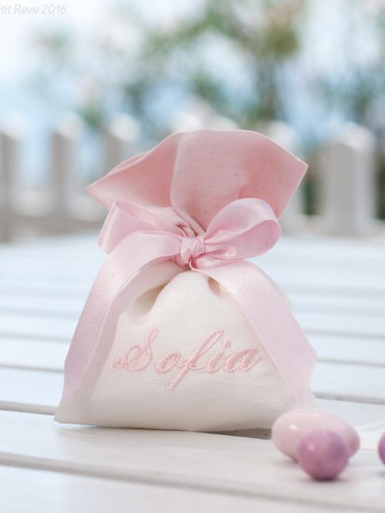 Sacchetto panna personalizzato con bordo e nome rosa 